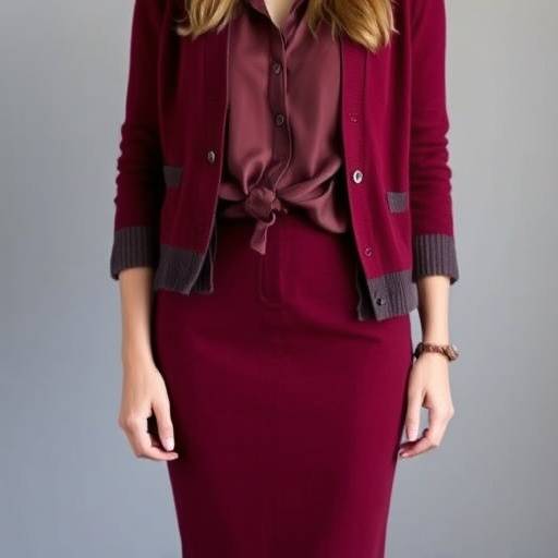 Donna che indossa una gonna a tubino in lana bordeaux abbinata a una camicetta in seta avorio e un cardigan in cashmere grigio.