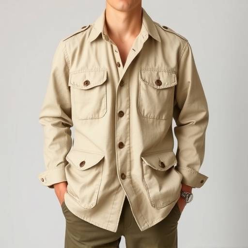 Giacca sahariana beige in lino con quattro tasche