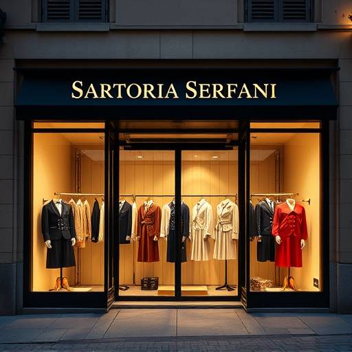 La facciata di Sartoria Serafini a Firenze, con vetrine illuminate che mostrano abiti eleganti.