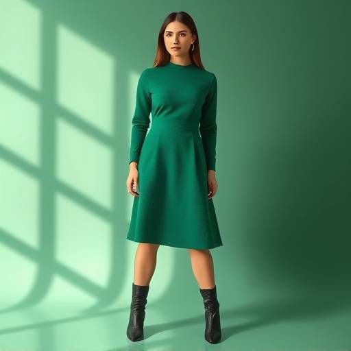 Modella che indossa un abito a trapezio in lana cotta verde smeraldo con stivali alti in pelle nera.