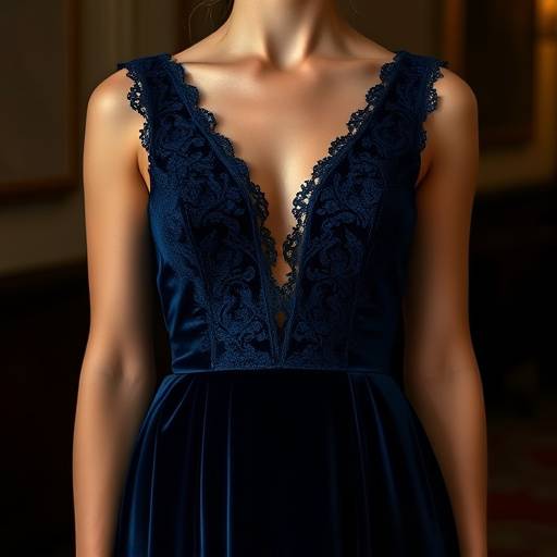 Modella che indossa un abito da sera in velluto blu notte con scollo a V e dettagli in pizzo.