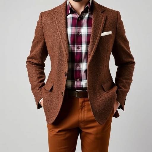Modello che indossa un blazer in tweed marrone con pantaloni in velluto a coste beige e una camicia in flanella a quadri.
