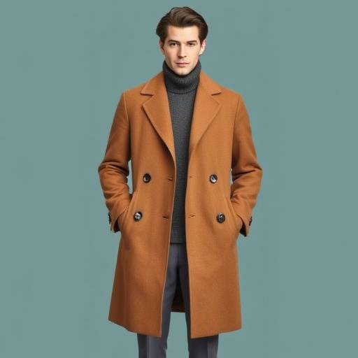 Modello che indossa un cappotto lungo in cashmere color cammello, abbinato a un dolcevita in lana e pantaloni sartoriali grigi.