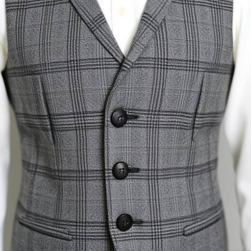 Un gilet in lana tweed grigio, con bottoni in corno e tasche a filetto