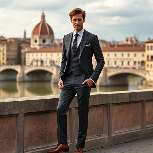 Un modello indossa un elegante abito su misura di Sartoria Serafini, con lo sfondo del Ponte Vecchio a Firenze