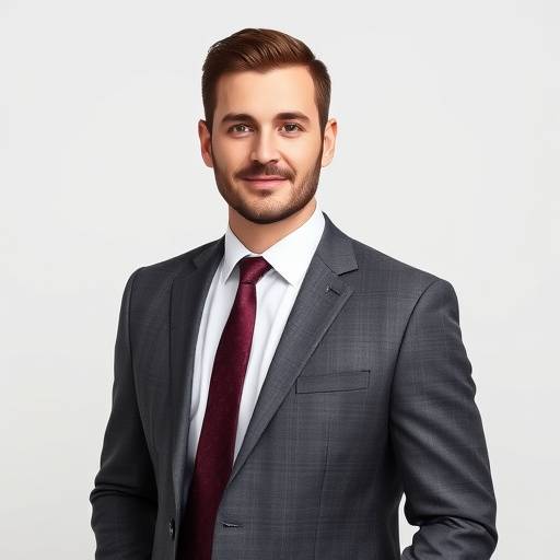 Uomo che indossa un completo sartoriale grigio antracite con camicia bianca e cravatta bordeaux.