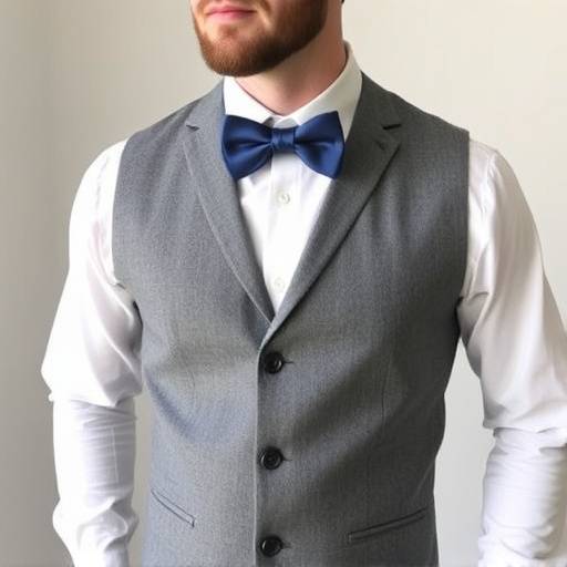 Uomo che indossa un gilet sartoriale in lana grigia con camicia bianca, papillon in seta blu e pantaloni neri.